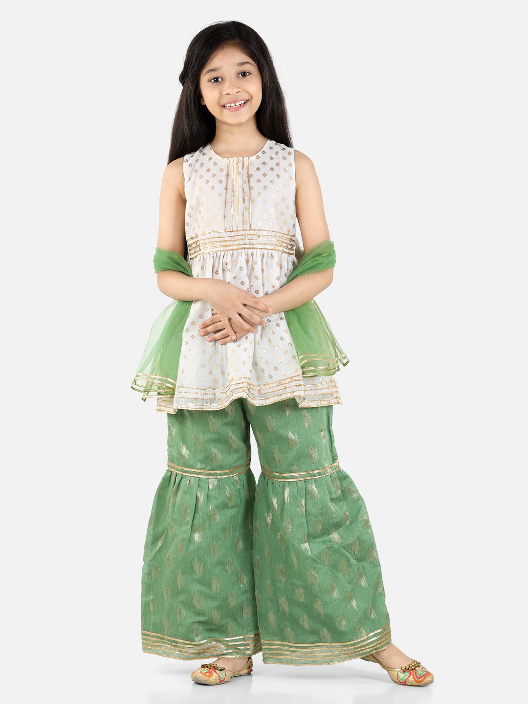 Girls White Ethnic Print Sharara Set