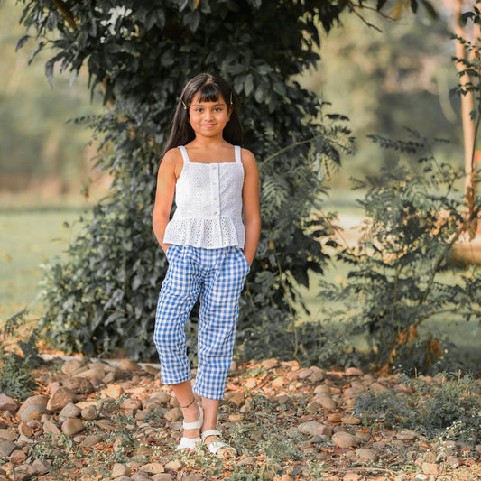 Blue Checks Pants With White Top