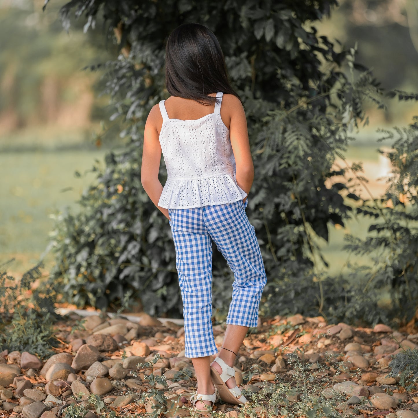 Blue Checks Pants With White Top