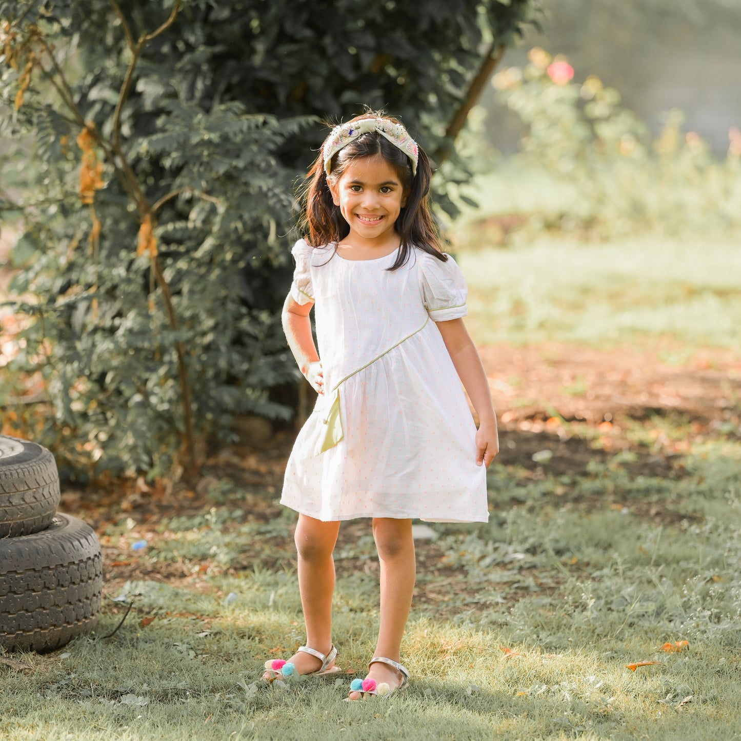 Girls White Polka Dot Print Casual Dress