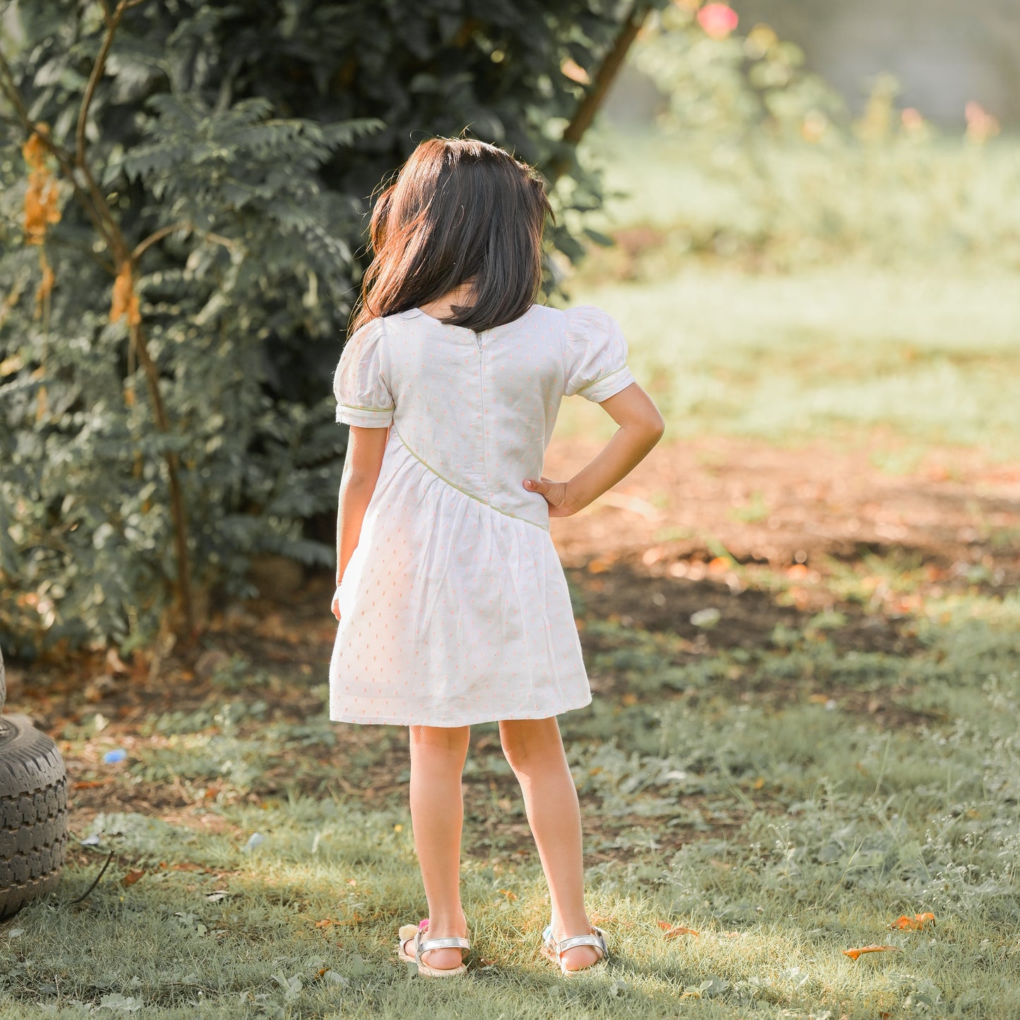 Girls White Polka Dot Print Casual Dress