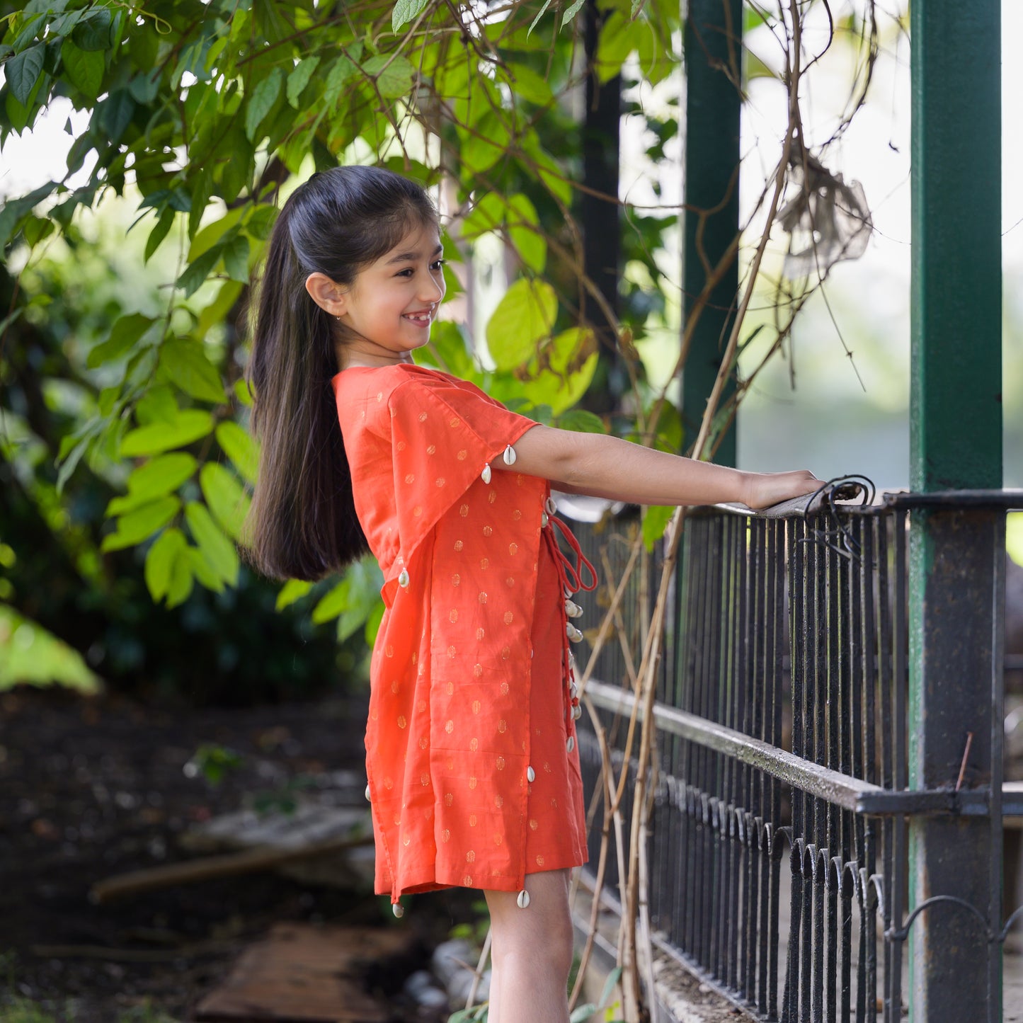 Rust Orange Short Sleeve Printed Kaftan With Cowrie