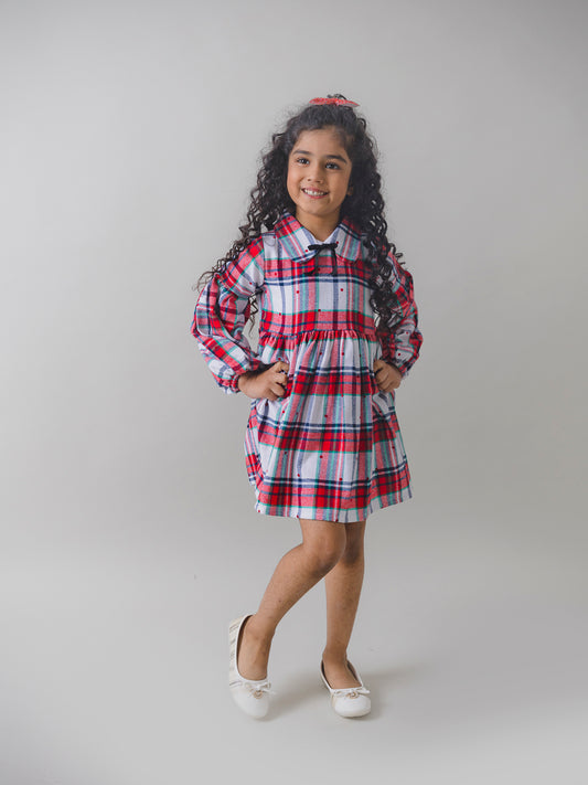 Red and White Plaid Dress with Flounced Sleeves