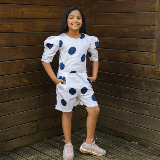 Puffed Sleeve Blue Polka Dot Short Jumpsuit