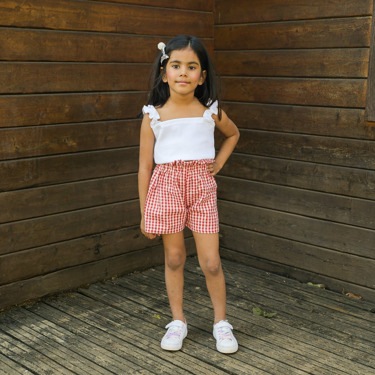 White Ruffled Rib Crop Top with Red checks Shorts