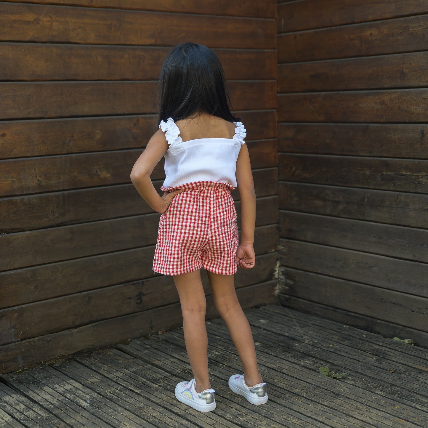 White Ruffled Rib Crop Top with Red checks Shorts