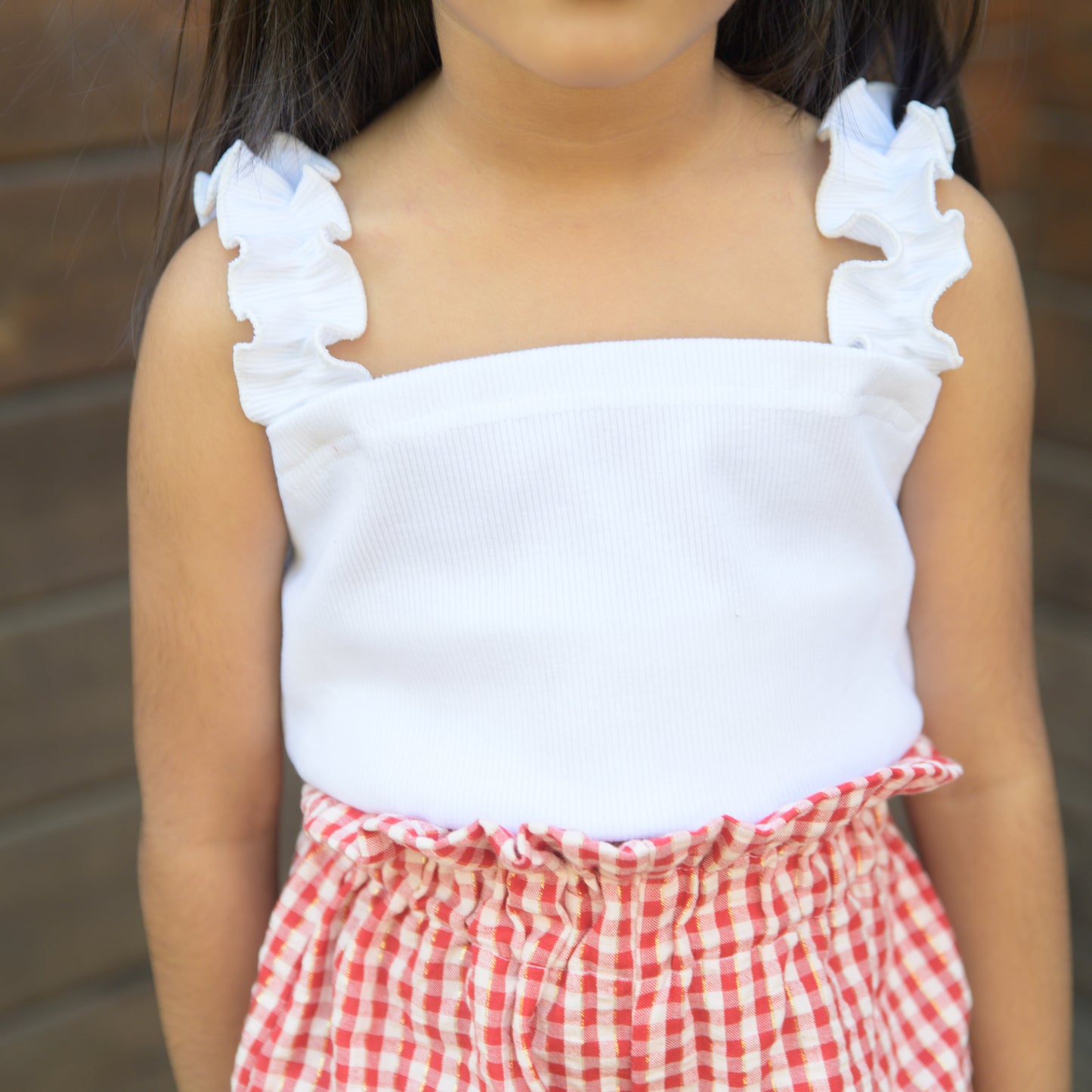 White Ruffled Rib Crop Top with Red checks Shorts