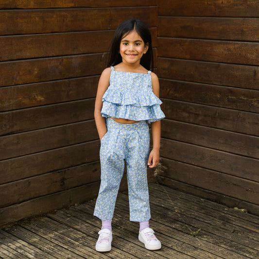 Blue Floral Print Top and Bottom Set