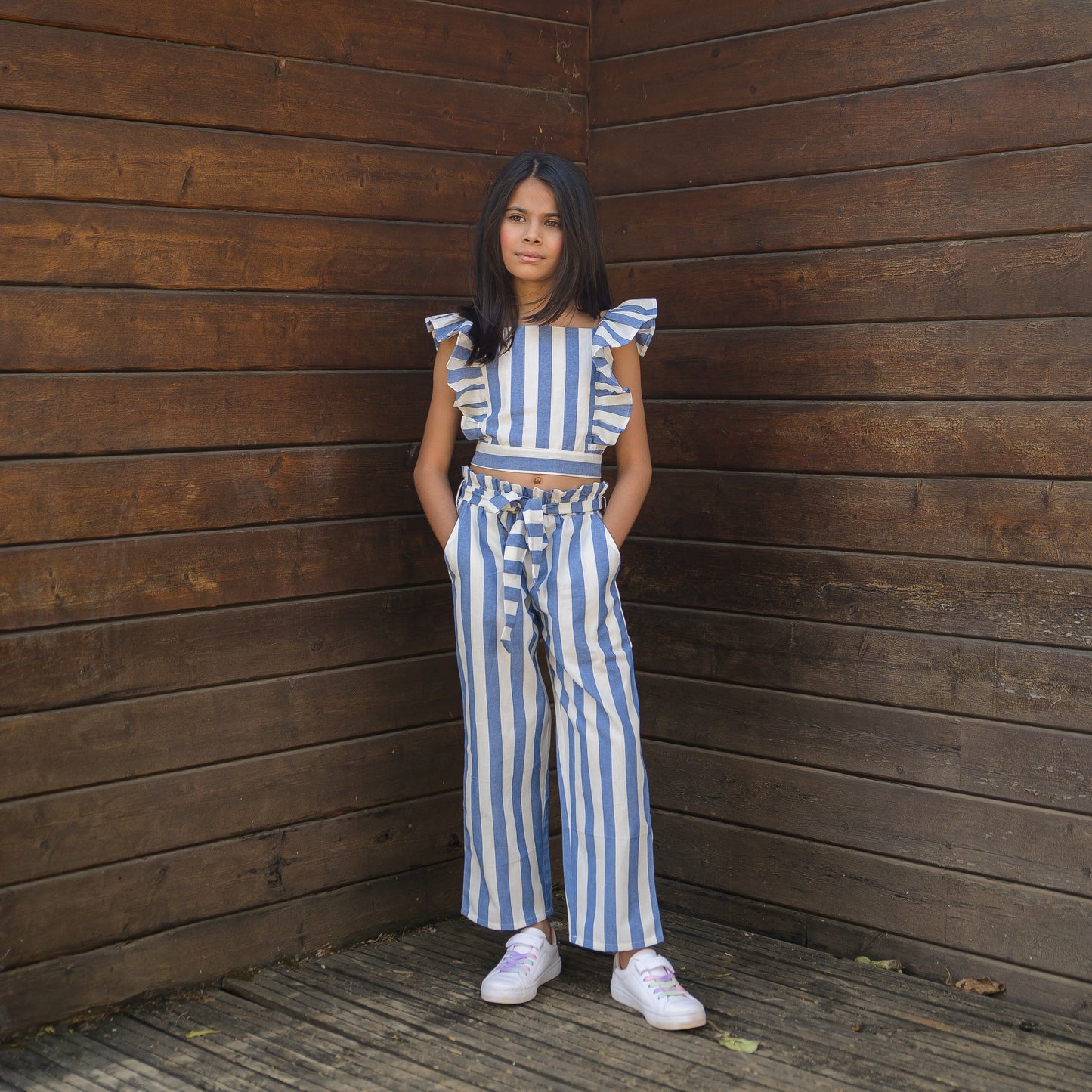 Blue Stripes Crop Top And Bottom Set