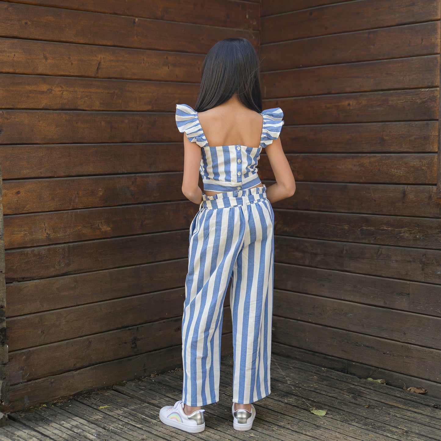 Blue Stripes Crop Top And Bottom Set