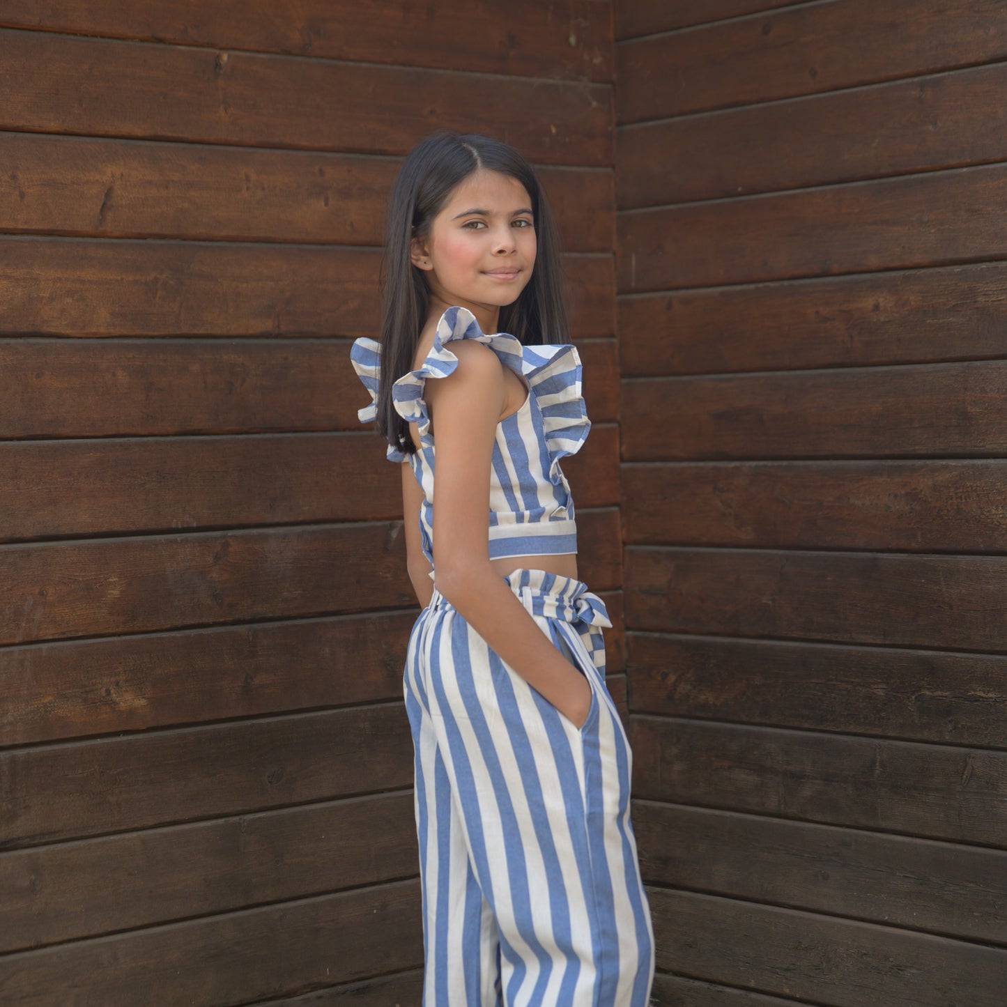 Blue Stripes Crop Top And Bottom Set