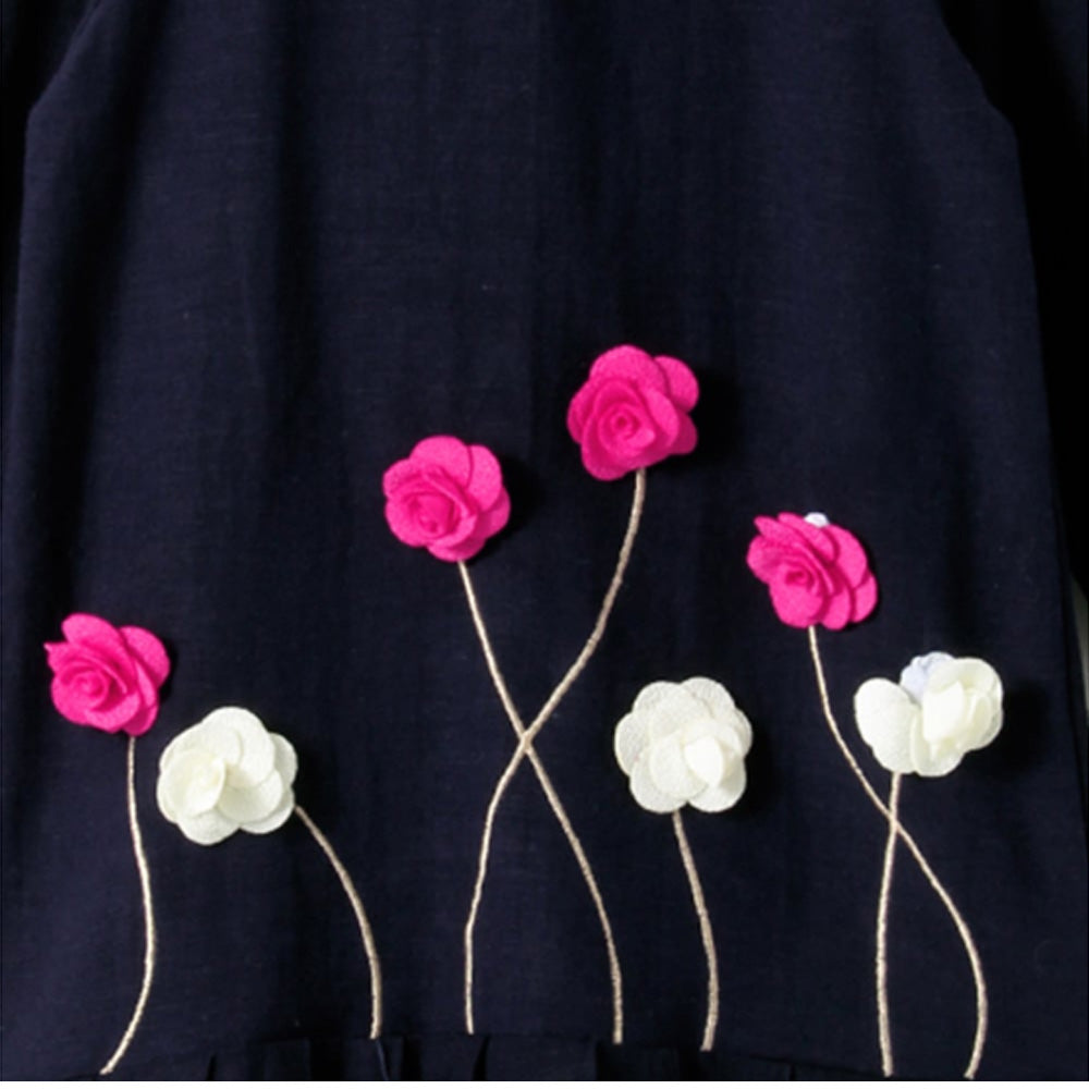 Flowers Applique Dress Navy Blue