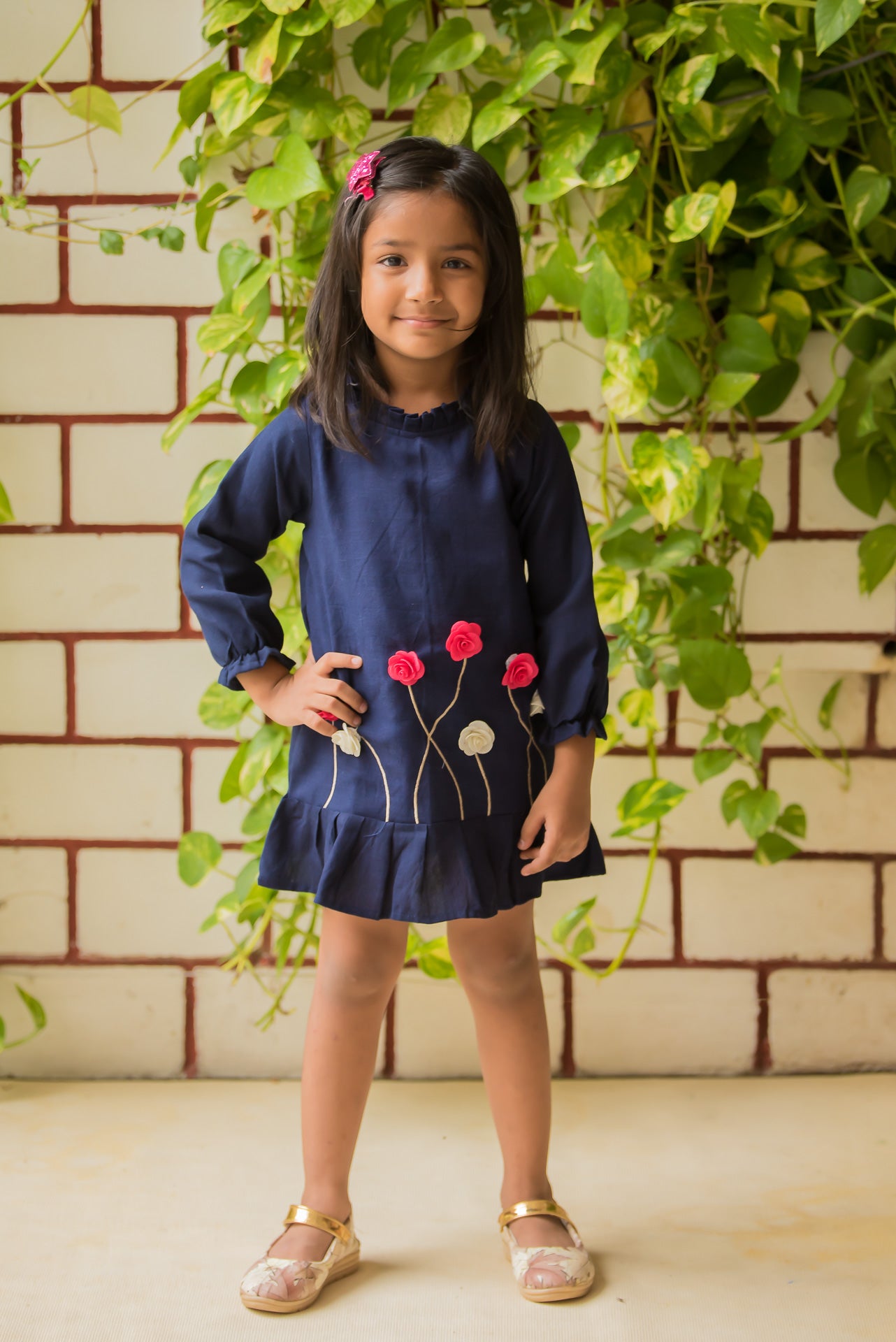 Flowers Applique Dress Navy Blue